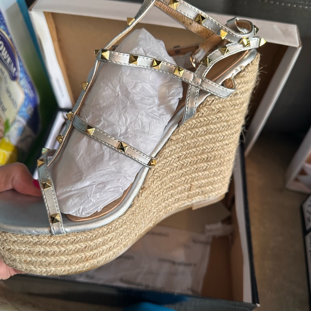 Brand new Alexandria Brandao silver and gold wedges
